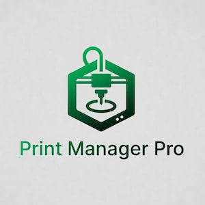 Könnte beinhalten: Grünes Logo mit einem 3D-Drucker-Symbol in einem grünen Sechseck. Unter dem Symbol steht der Text "Print Manager Pro" in Grün. Der Hintergrund ist hellgrau.