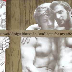 Può includere: Un collage fotografico in bianco e nero con una sovrapposizione di testo che recita "Chi si iscriverebbe come candidato per le mie affezioni?" Il collage presenta due uomini, uno con la barba e uno senza, con le braccia l'uno intorno all'altro.