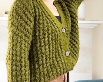 Crochet Cardigan Pattern: Bulky Yarn, Knit-Like Ribbing (XS-4XL) (Video Tutorial)
