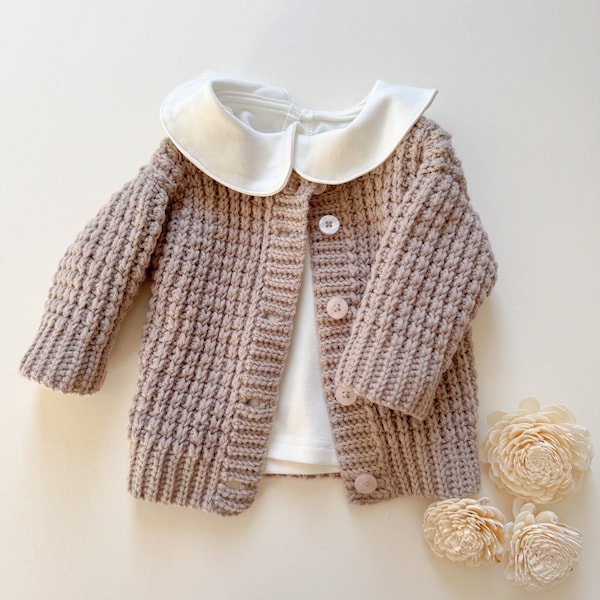 CROCHET PATTERN | Children's Ribbed Cardigan knit-like ribbing (child sizes 0-6 mo up to 11-12 years), Video Tutorial (English only)