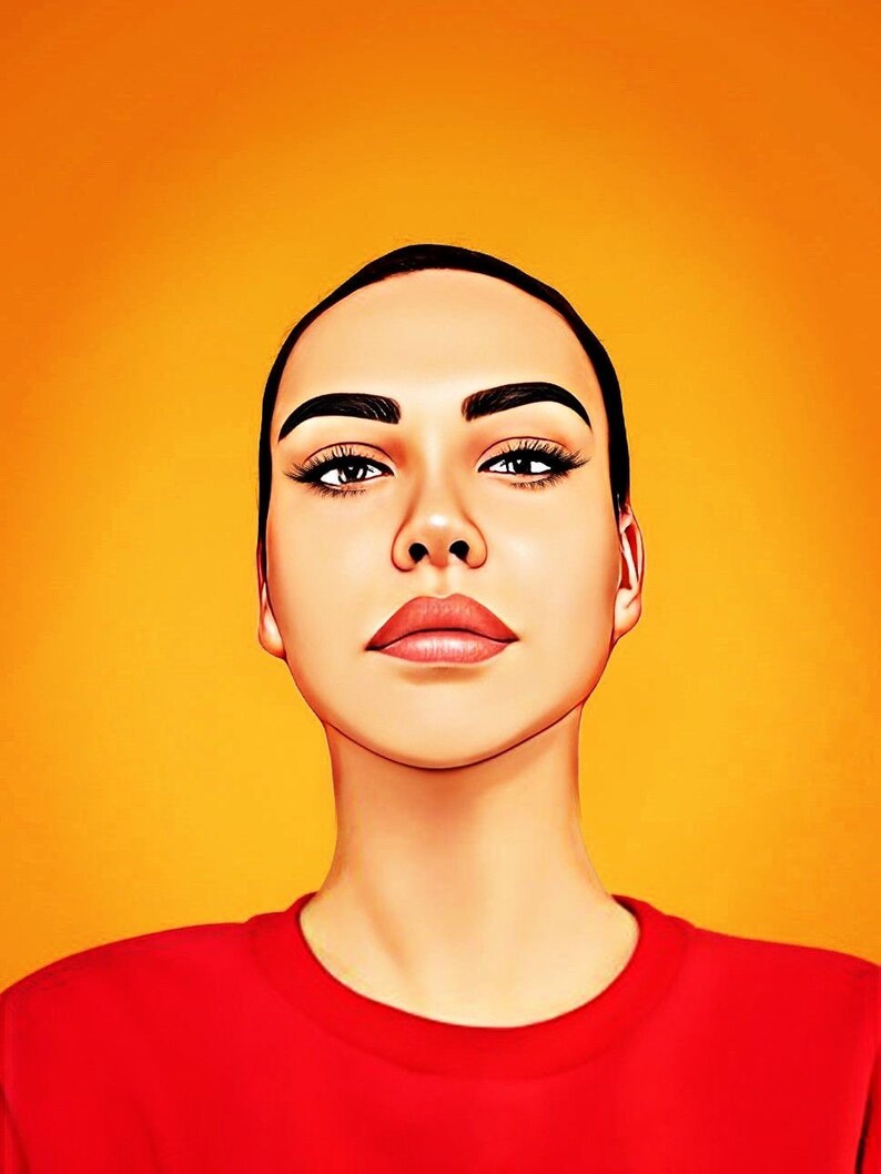 K&ouml;nnte beinhalten: Eine Frau mit kurzen schwarzen Haaren tr&auml;gt ein rotes T-Shirt. Sie blickt nach oben mit einem neutralen Gesichtsausdruck. Der Hintergrund ist einfarbig orange.