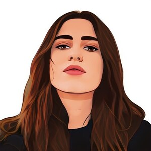K&ouml;nnte beinhalten: Eine digitale Illustration einer Frau mit langen braunen Haaren. Sie tr&auml;gt ein schwarzes Shirt und hat einen neutralen Gesichtsausdruck.