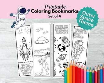 Marcador de livro para colorir sobre o espaço sideral | Marcador de livro infantil sobre alienígenas e astronautas