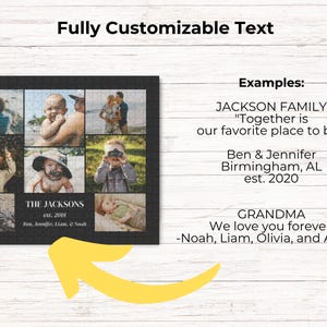 K&ouml;nnte beinhalten: Ein rechteckiges Fotocollagen-Puzzle mit schwarzem Rand, das sechs verschiedene Familienfotos und einen anpassbaren Text mit der Aufschrift THE JACKSONS est. 2018 Ben, Jennifer, Liam, & Noah enth&auml;lt. Ein gro&szlig;er gelber Pfeil zeigt auf das Puzzle.
