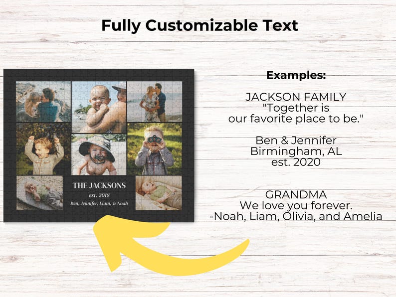 K&ouml;nnte beinhalten: Ein rechteckiges Fotocollagen-Puzzle mit schwarzem Rand, das sechs verschiedene Familienfotos und einen anpassbaren Text mit der Aufschrift THE JACKSONS est. 2018 Ben, Jennifer, Liam, & Noah enth&auml;lt. Ein gro&szlig;er gelber Pfeil zeigt auf das Puzzle.