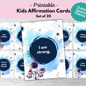 May include: Set of 20 printable affirmation cards for kids featuring an outer space theme. The cards have blue watercolor backgrounds with stars and planets. Each card features an astronaut and a positive affirmation, such as "I am strong" or "I am unique."