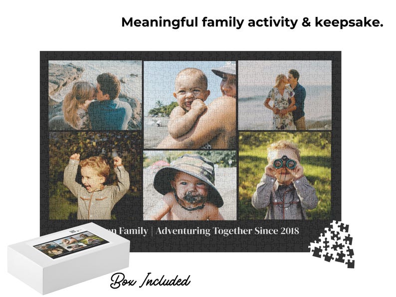 K&ouml;nnte beinhalten: Ein rechteckiges Puzzle mit einer Collage aus f&uuml;nf Familienfotos, mit dem Text "Meaningful family activity & keepsake." oben und "[Name] Family | Adventuring Together Since 2018" unten, begleitet von einer wei&szlig;en Schachtel.