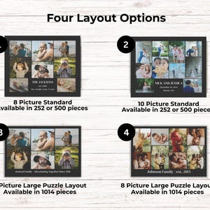 K&ouml;nnte beinhalten: Vier Layout-Optionen f&uuml;r individuelle Fotopuzzles. Option 1 zeigt 8 Bilder in 252 oder 500 Teilen. Option 2 zeigt 10 Bilder in 252 oder 500 Teilen. Option 3 zeigt 6 Bilder in 1014 Teilen. Option 4 zeigt 8 Bilder in 1014 Teilen.