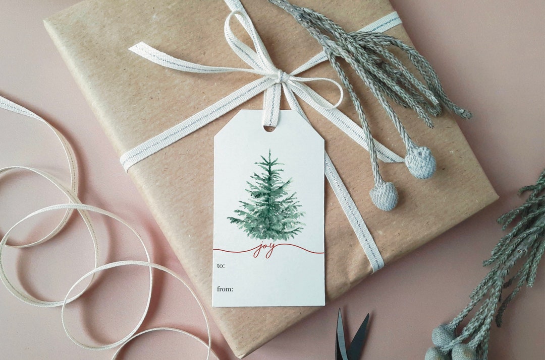 Printable Watercolor Christmas Tree Gift Tags: Rustic Holiday Labels ...