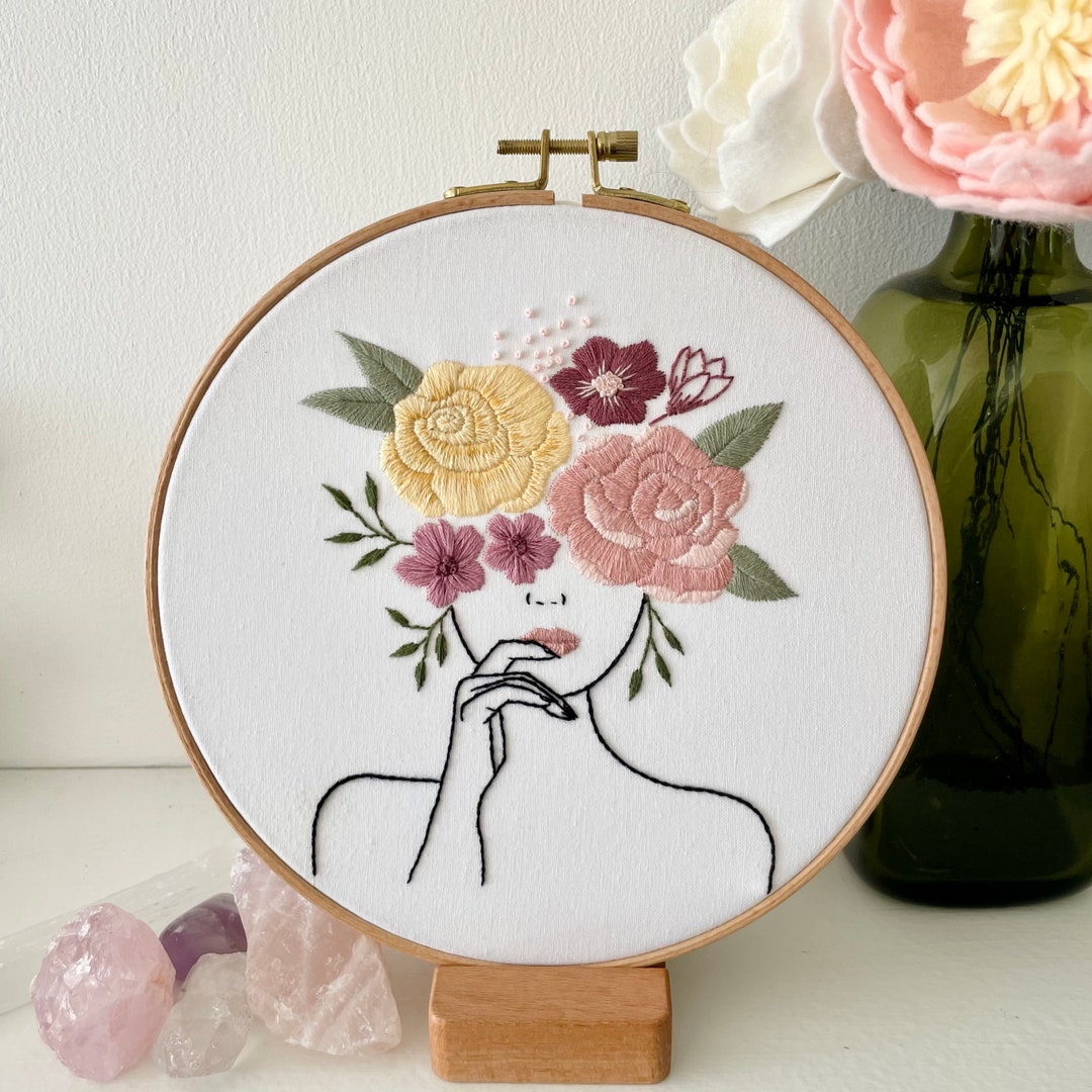 Peony and Rose Flower Crown Embroidery Kit Pink & Yellow Pastel Colours