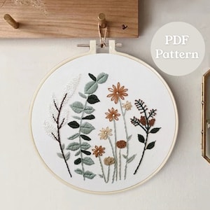 Vintage Flowers with Eucalyptus PDF Embroidery Pattern with Stitch Guide & D M C Colour Codes | Modern Embroidery