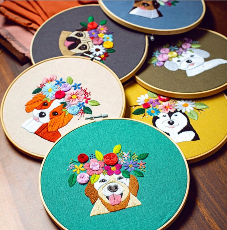 Embroidery Kit for Beginners  Dog with Flower Crown  Modern image 1