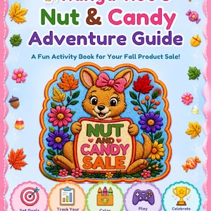 May include: A light blue activity book titled Kanga-Roo's Nut & Candy Adventure Guide. The cover features a cartoon kangaroo holding a sign that reads Nut and Candy Sale, surrounded by autumn leaves, flowers, and five circular icons.