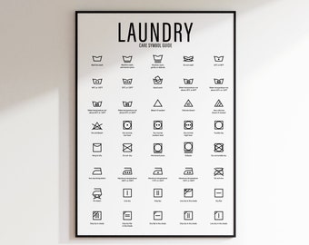 Baño | Póster de la sala de lavandería | Decoración de pared de lavandería | Instrucciones de símbolos de lavandería | Cuidado de la ropa | Arte del cuarto de lavado | Quitar manchas