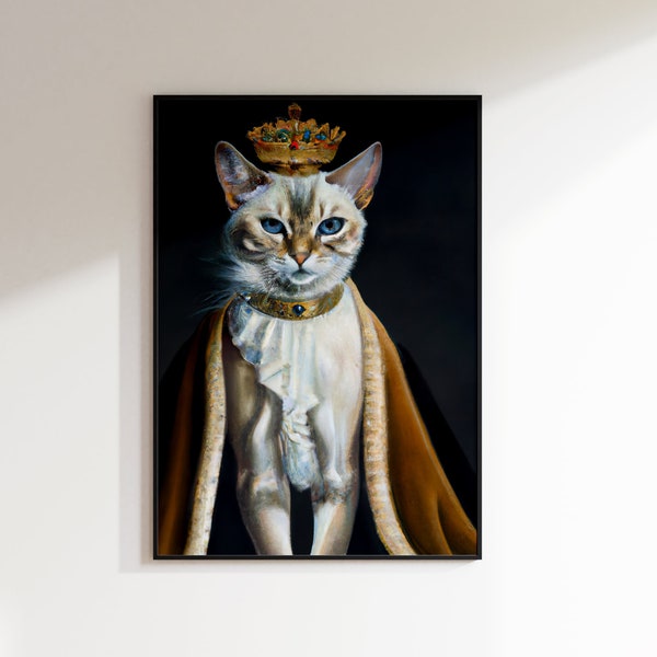Gatto nel Medioevo | Il re gatto | Queen Cat | Immagine divertente | Ritratto di animale domestico | Ritratto del gatto | Pittura ad olio | Dipinto ad olio Gatto