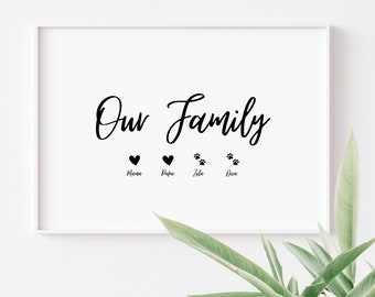 Familienbild, Personalisiertes Bild mit Spruch, Namen, Hundepfoten und Katzenpfoten, Personalisierter Druck - Familienmensch