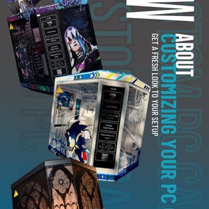 May include: Image showcasing three custom PC cases. The top case features a futuristic design with a purple and blue color scheme. The middle case has a Sonic the Hedgehog graphic. The bottom case has a gothic stained-glass window design. Text on the cases includes "Y70" and "NEXUS".