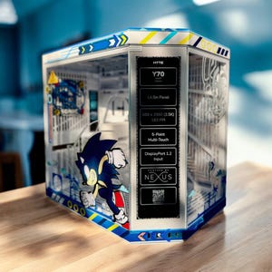 May include: A Hyte Y70 Touch Infinite computer case featuring a Sonic the Hedgehog graphic. The front panel displays technical specifications including 14.5in Panel, 688 x 2560 (2.5K) resolution, 183 PPI, 5-Point Multi-Touch, and DisplayPort 1.2 Input.