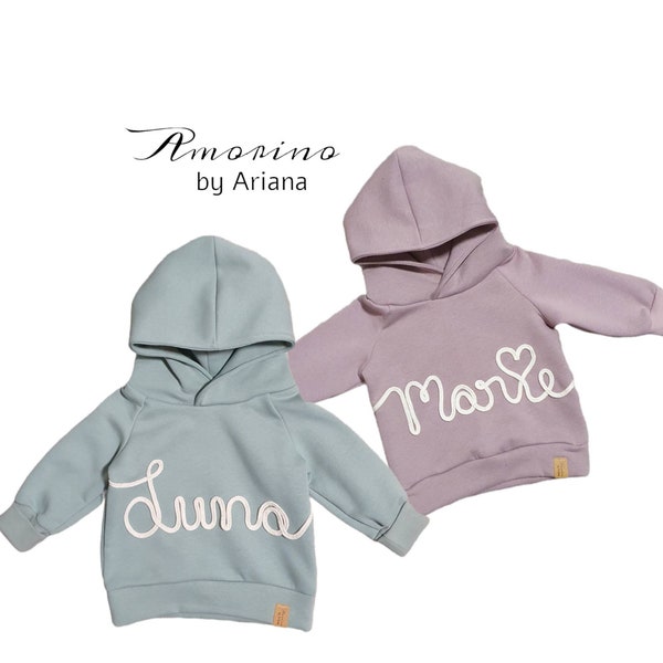 Personalisierter Hoodie | Personalisiert Handmade | Sweatshirt Name Kordel Schrift Geschenke Pullover Kinder Baby Erstausstattung Geburtstag