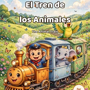 May include: A children's book cover titled El Tren de los Animales and The Animal Train, featuring a golden steam locomotive driven by a monkey in a blue uniform, pulling a blue carriage with an elephant playing a trumpet and a green carriage.