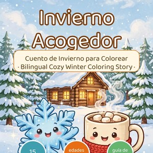 May include: A bilingual English-Spanish coloring book cover titled Invierno Acogedor, featuring a cartoon snowflake and a mug of hot cocoa with marshmallows. The background shows a snow-covered log cabin and pine trees under a light blue sky.