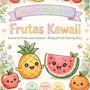 May include: A bilingual English-Spanish coloring book titled Frutas Kawaii featuring illustrations of smiling fruits including a pineapple, watermelon, apple, orange, strawberry, banana, and cherries, surrounded by flowers and butterflies.