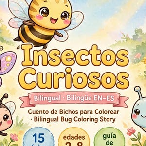 May include: A bilingual coloring book cover titled Insectos Curiosos featuring a cartoon bee, butterfly, and bug. The text reads Bilingual Bilingüe EN-ES, Cuento de Bichos para Colorear, Bilingual Bug Coloring Story, 15 páginas, edades 2-8, and guía de color.