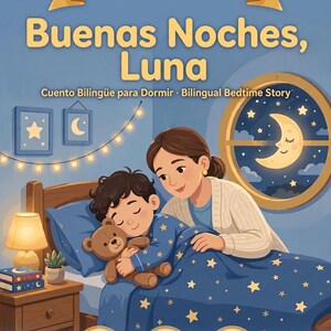 May include: A bilingual English-Spanish children's book titled Buenas Noches, Luna. The cover features an illustration of a child sleeping in a bed with a teddy bear, accompanied by an adult. The text includes Bilingual Bilingüe EN-ES, 15 páginas, edades 2-8, and guía de color.