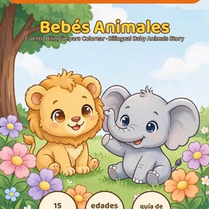 May include: A bilingual English-Spanish coloring book titled Bebés Animales, featuring a cartoon lion cub and elephant calf in a flower-filled meadow. The cover includes text indicating 15 pages, ages 2-8, and a color guide for young children.