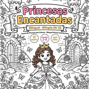 May include: A bilingual coloring book titled Princesas Encantadas featuring a princess in a gown and crown standing in front of a castle. The cover includes text indicating 15 pages, ages 2-8, and a color guide, with illustrations of butterflies and flowers.