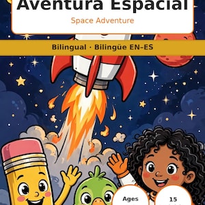May include: A bilingual activity book cover titled Pequeños Pasos Little Steps Aventura Espacial Space Adventure. The illustration features a rocket launching into a starry sky, a yellow pencil character, a green bird, and an astronaut.