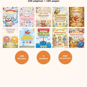 May include: A digital pack of 10 bilingual Spanish-English coloring books featuring 160 pages total. The collection includes illustrated covers with themes like penguins, bunnies, teddy bears, insects, autumn, flowers, planes, boats, animals, and robots.