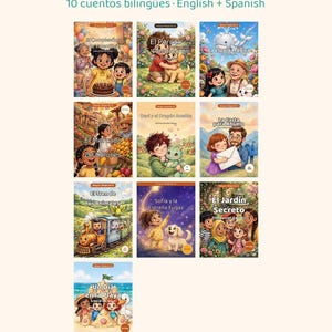 May include: A collection of 10 bilingual English and Spanish storybooks titled Complete Bilingual Storybook Collection. The set includes illustrated covers featuring children and animals, with text indicating 190 pages and ages 2-8.