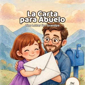 May include: A bilingual children's book cover titled La Carta para Abuelo The Letter for Grandpa featuring a watercolor illustration of a child in a purple dress and a bearded adult with glasses holding a large white envelope near a blue mailbox.