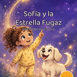May include: A children's book cover titled Sofía y la Estrellla Fugaz, featuring a curly-haired child in yellow star-patterned pajamas pointing at a shooting star in a purple night sky, accompanied by a small white puppy in a grassy field.