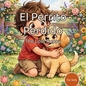 May include: A bilingual children's book cover titled El Perrito Perdido The Lost Puppy featuring a brown-haired child in a red shirt hugging a light brown puppy with a red collar in a garden with a wooden fence and colorful flowers.