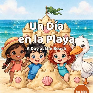 May include: A bilingual children's book cover titled Un Día en la Playa A Day at the Beach featuring three cartoon children and a white bird standing behind a large sandcastle on a beach with the ocean in the background and a green flag on top.