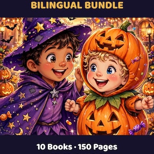 May include: A digital illustration titled THE COMPLETE BILINGUAL BUNDLE featuring a child in a purple star-patterned wizard costume and a child in a pumpkin costume. Text below reads 10 Books 150 Pages EN-ES Ages 2-8. The scene includes pumpkins and candy.