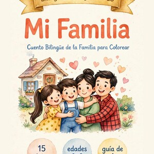 May include: A bilingual English-Spanish coloring book titled Mi Familia, Cuento Bilingüe de la Familia para Colorear. The cover features a watercolor illustration of a family of four hugging in front of a house, with hearts, 15 páginas, edades 2-8.