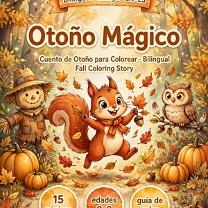 May include: A bilingual coloring book cover titled Otoño Mágico, featuring a scarecrow, a squirrel, and an owl in a forest with pumpkins and falling leaves. The text includes Bilingual Bilingüe EN-ES, Fall Coloring Story, 15 páginas, edades 2-8, and guía de color.