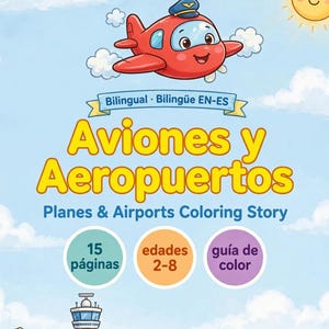 May include: A bilingual English-Spanish coloring book titled Aviones y Aeropuertos Planes & Airports Coloring Story. The cover features a red cartoon airplane, a smiling sun, and an airport terminal with 15 páginas, edades 2-8, and guía de color.