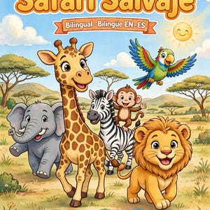 May include: A book cover titled Safari Salvaje with the text Bilingual Bilingüe EN-ES, 15 páginas, edades 2-8, and guía de color. The illustration features a cartoon elephant, giraffe, zebra, monkey, lion, and parrot in a savanna.