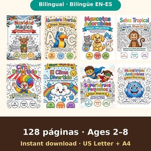 May include: A collection of eight bilingual English-Spanish coloring books titled Pack Magia, featuring themes like Christmas, alphabet, pets, jungle, circus, weather, superheroes, and monsters, totaling 128 pages for ages 2-8.