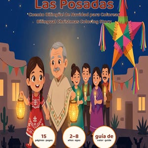 May include: A bilingual Christmas coloring book titled Las Posadas, featuring a colorful star-shaped piñata, a group of people holding lanterns, and text indicating 15 pages, ages 2-8, and a color guide. The cover art depicts a night scene.