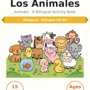 Könnte beinhalten: Ein zweisprachiges Aktivitätsbuch mit dem Titel Pequeños Pasos Little Steps Los Animales Animals. Das Cover zeigt eine bunte Illustration von Hund, Katze, Pferd, Kuh, Löwe, Affe, Elefant, Schwein, Schaf, Küken und einem Goldfisch im Glas.