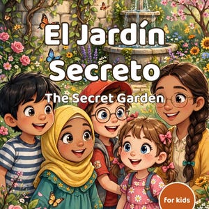 May include: A book cover titled El Jardín Secreto The Secret Garden featuring five diverse children smiling in a lush garden with a stone fountain, colorful flowers, and butterflies. The text Bilingual Bilingüe EN-ES and for kids is visible.