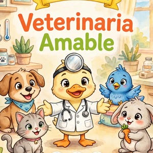 May include: A bilingual children's book cover titled Veterinara Amable featuring a yellow duckling dressed as a veterinarian with a stethoscope and head mirror, surrounded by a puppy, kitten, blue bird, and rabbit holding a carrot.