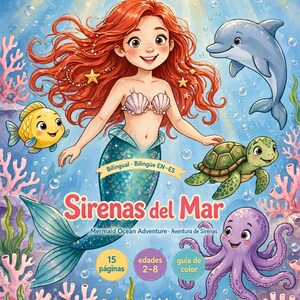 May include: A bilingual children's book cover titled Sirenas del Mar, Mermaid Ocean Adventure, featuring a red-haired mermaid, a dolphin, a yellow fish, a sea turtle, and a purple octopus swimming among pink coral reefs in a blue underwater scene.