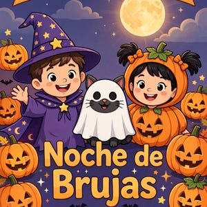 May include: A bilingual English-Spanish children's book cover titled Noche de Brujas featuring a child in a purple wizard costume and a child in a pumpkin costume with a cat in a ghost sheet, surrounded by jack-o'-lanterns under a full moon.