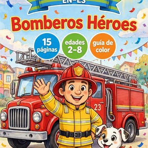 May include: A children's book cover titled Bomberos Héroes featuring a smiling firefighter in a yellow uniform and red helmet waving in front of a red fire truck. A spotted puppy with a red bandana stands nearby. The text includes Bilingual EN-ES, 15 páginas, edades 2-8, and guía de color.